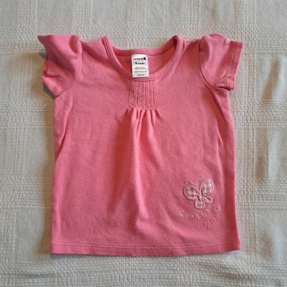 Carhartt girls size 9 months pink short sleeve shirt with plaid butterfly design